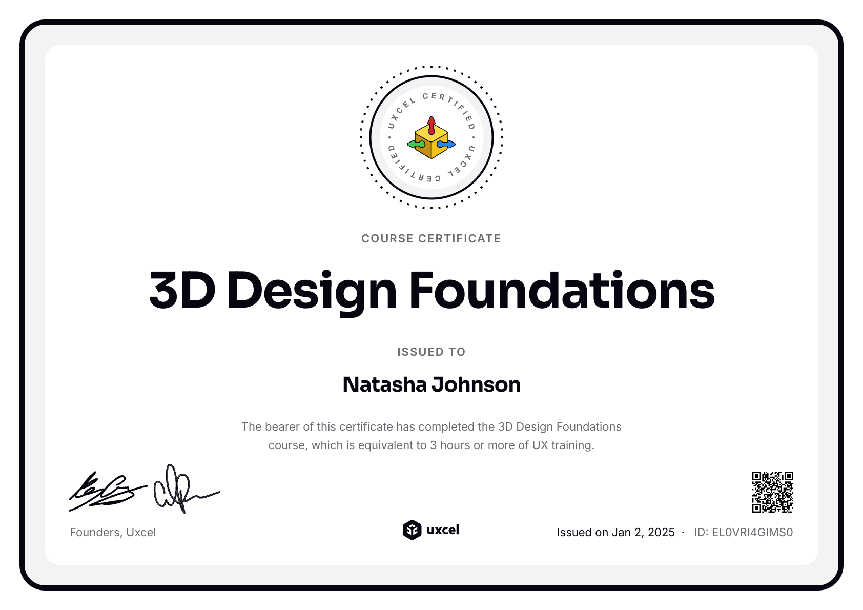 Natasha Johnson's certificate